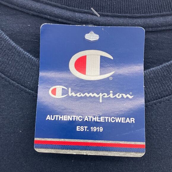 Champion Navy Blue White Spell Out Embroidered Logo Short Sleeve Crew Tee Shirt - Picture 4 of 8